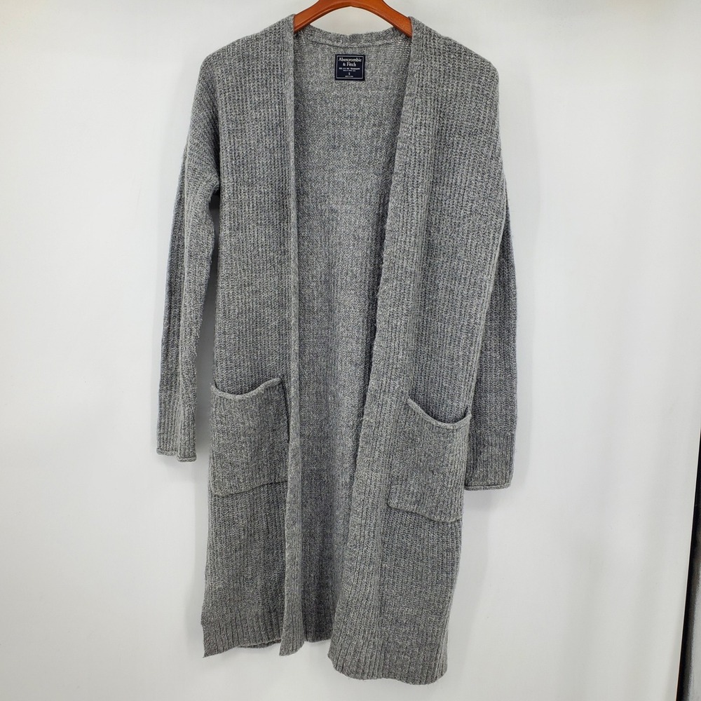 Abercrombie & Fitch Grey Ribbed Longline Open Front Cardigan Sweater S Academia